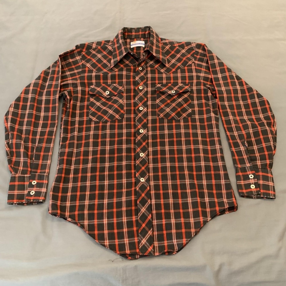 Vintage Grants Shirt Mens Medium Red Plaid Long Sleeve Button Front Western